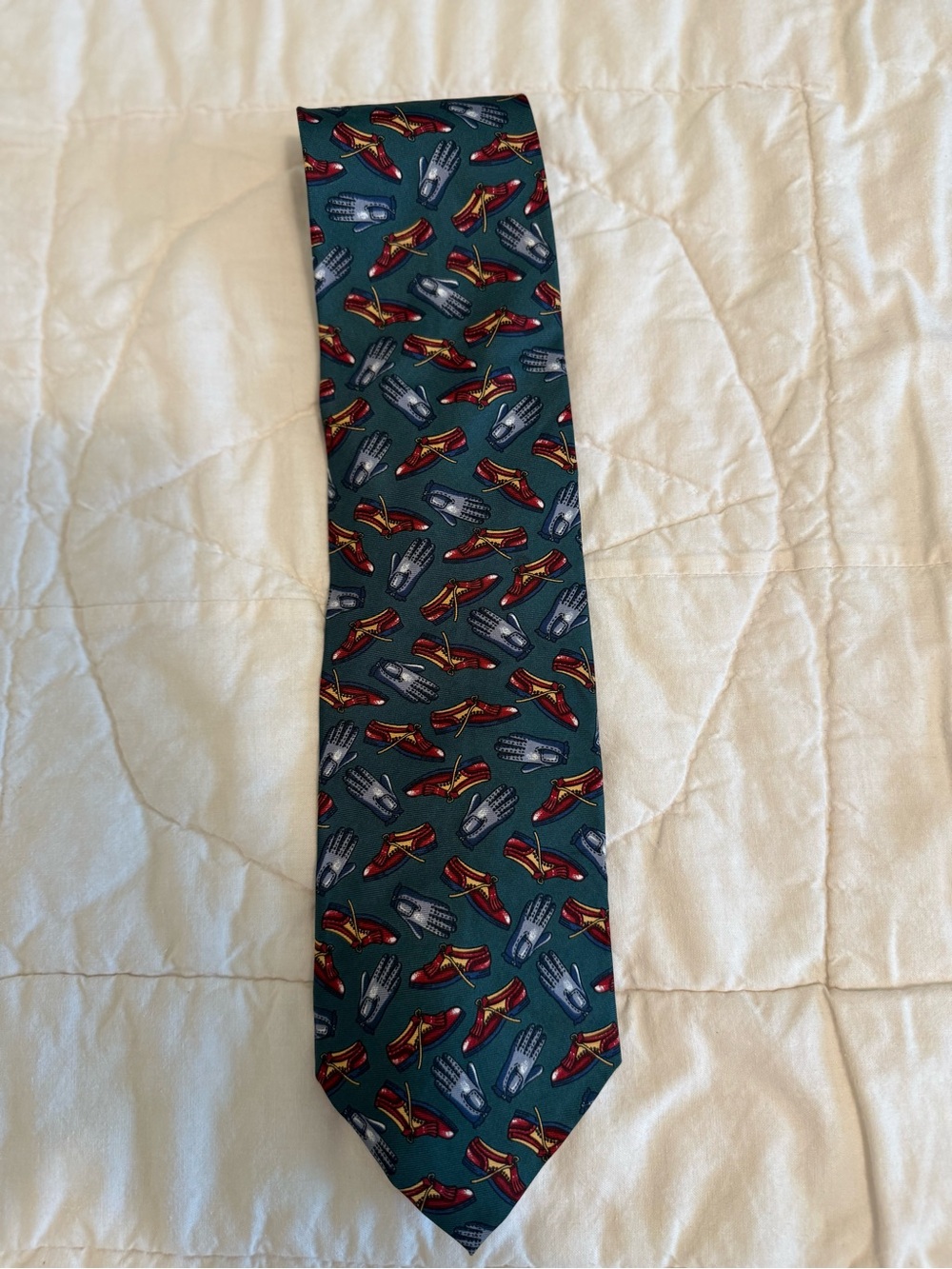 Pebble Beach Green Tie with Red and Gray Shoe Pattern